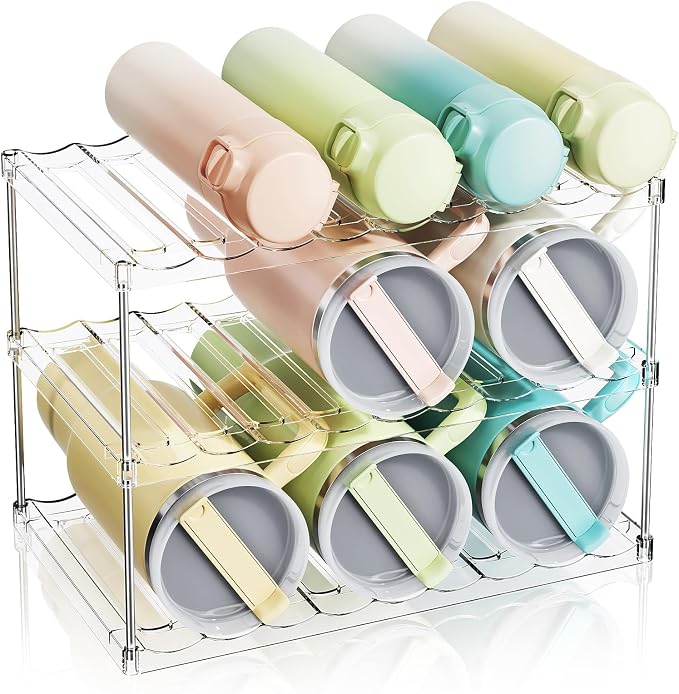 LAMU Stackable Water Bottle Organizer Holder Tumbler Cup Storage Rack | 3 Tier Clear PET Holder for Stanley 16-40oz Large Water Bottle Tumbler Cup Storage for Kitchen Cabinet Pantry Countertop