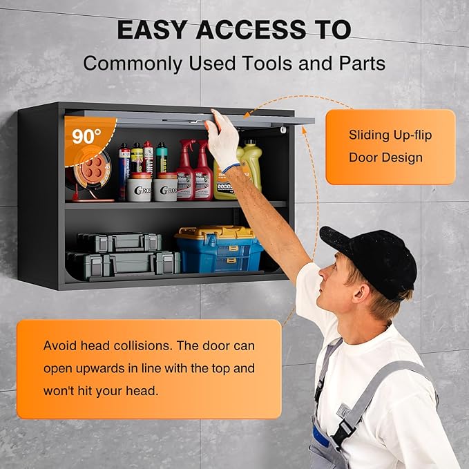 Metal Wall Cabinet with Locking Door and Shelf, Hanging Garage Cabinets with Up-Flip Doors for Garage, Warehouse, Home, Office, Assembly Required (Black, One Cabinet)