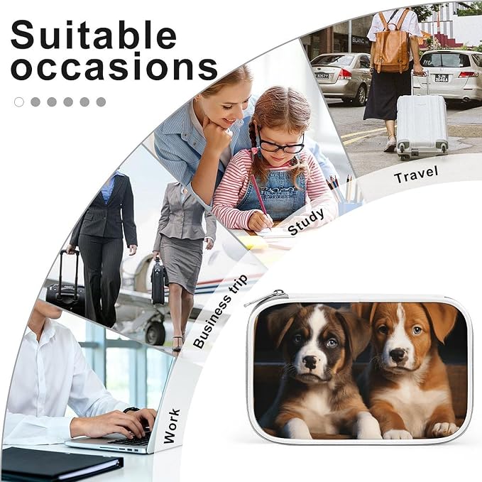 Puppies Dogs Pets Animals Multi-Functional PU Pen Case, Waterproof Zipper Stationery Organizer, Portable Storage Pouch for Office Supplies Cosmetics Travel Accessories And Daily Use