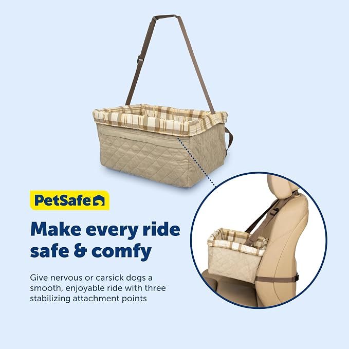 PetSafe Happy Ride Quilted Dog Booster Seat, Tan, Up to 25 lb | Raises Small Dogs to Window Height In Most Cars, Connects to Seatbelt with Safety Tether, Fleece Liner Is Machine Washable