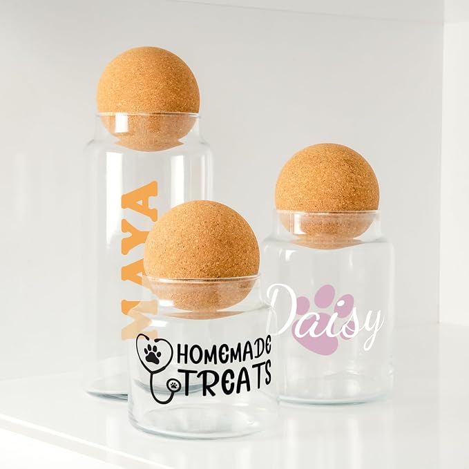 Personalized Dog Treat Container, Pet Food Storage Jar, Custom Glass Treat Storage Canister, Fur Baby Reward Jar with Wooden Lids, Gift for Pet Owners