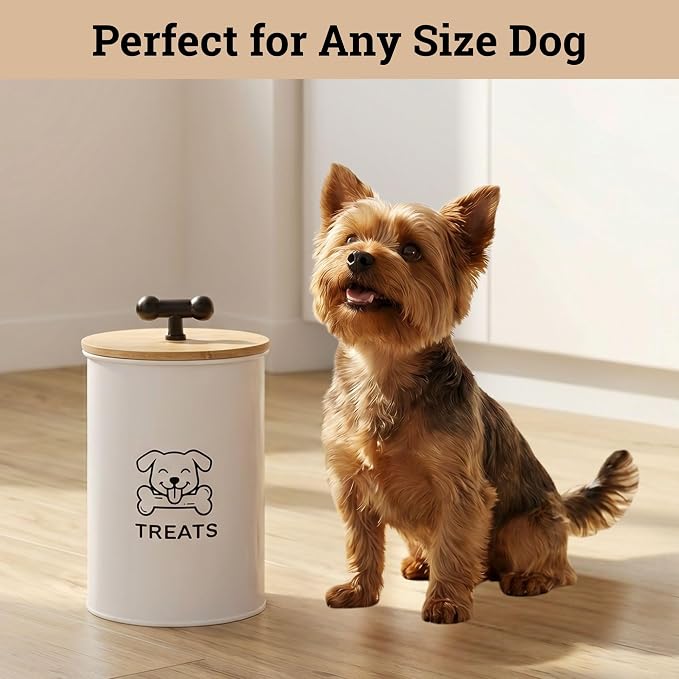 Dog Treat Container Airtight, 4.6"W x 6"H, Powder Coated, 6 Cup Capacity | Fits All Popular Treats, 6 Cup Capacity, Airtight Bamboo Lid, Easy Open Lid, Dent-Resistant Durable Metal Bone-Shaped Handle