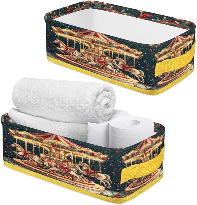 Amusement Park Carousel Bathroom Storage Basket Waterproof Foldable Storage Bins with Handles Decorative Toilet Paper Storage Basket for Organizing for House Bathroom Toiletries