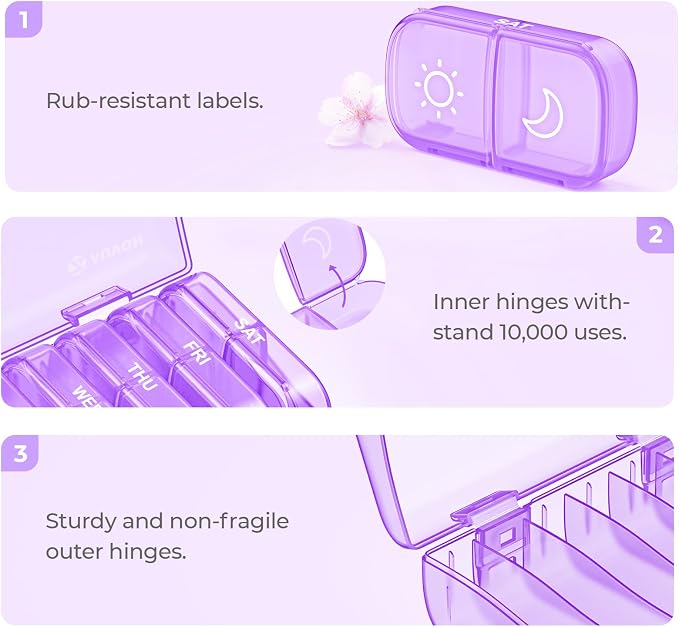 AUVON Weekly Pill Organizer 2 Times a Day, One-Side Large Opening, Easy‑Use | XL AM PM Pill Case, Travel Pill Box 7 Day, Medication Organizer for Medications, Vitamins, Fish Oils, Supplements, Purple
