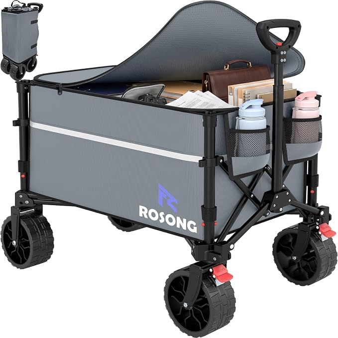 ROSONG Collapsible Wagon Cart with Wheels, Grey with Cover, 120L | Foldable, Folding Utility, Heavy Duty, For Grocery Sports Garden Shopping Camping