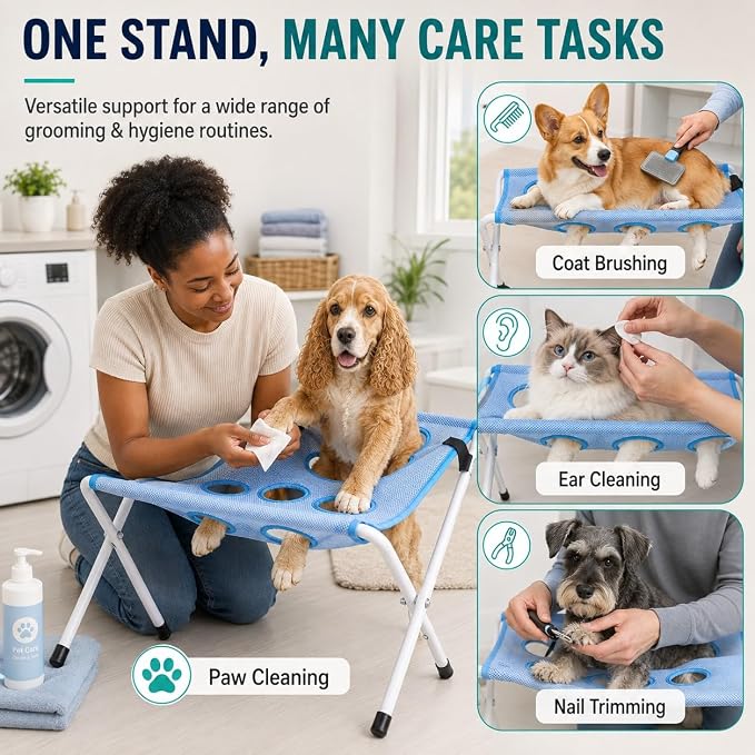 QUROXO Dog Grooming Hammock Bath Holder for Small Cats and Dogs，Blue | Foldable Pet Bath Stand Mesh Station Grooming Pet Bath Stand with Quick Surface for Trimming, Bathing, Brushing