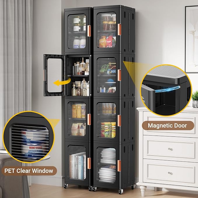 BROVIEW 4-Tier Tall Narrow Storage Cabinet Organizer, Slim Bathroom Cabinets with Adjustable Shelves and Doors, Plastic Kitchen Pantry Organizers and Storages for Small Space, Laundry, Black
