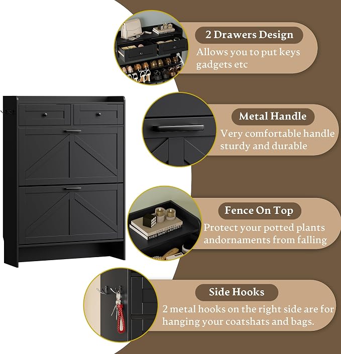 BORNOON Shoe Storage Cabinet for Entryway, Farmhouse Narrow Shoe Cabinet with 2 Flip Drawers & Top Drawers, Adjustable Shelves & Hooks, Freestanding Hidden Rack Organizer for Hallway, Foyer