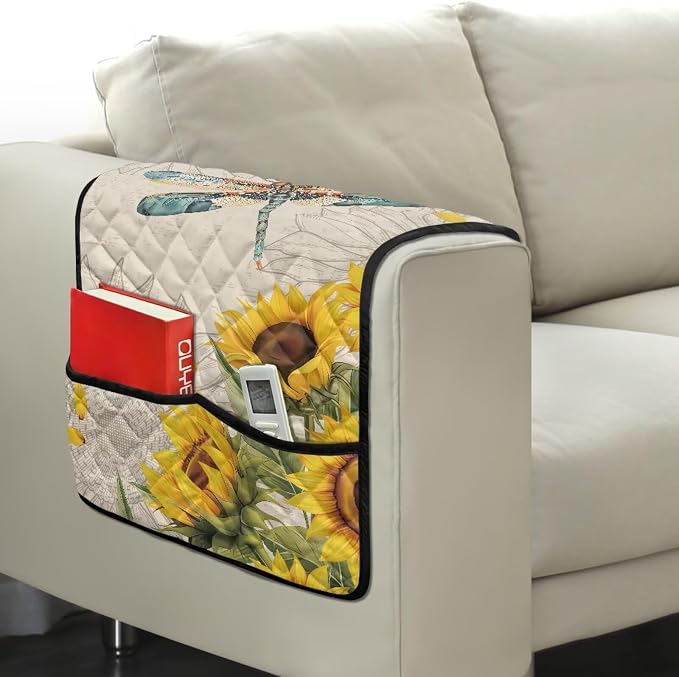 Sunflower Dragonfly Sofa Arm Covers Couch Arm Rest Covers for Sofa Cat Scratch Proof Slipcover Easy to Clean Armchair Cover Reusable Furniture Protector