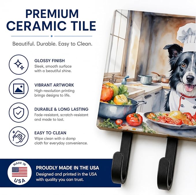 Caroline's Treasures Border Collie The Chef Leash or Key Holder Wall Hooks, Key Hooks Holder, Coat Rack Wall Mount, Coat Hooks, Hooks for Hanging Keys, Towels, Aprons, Leashes | Border Collie The Chef artwork on ceramic tile with three steel hooks for ...