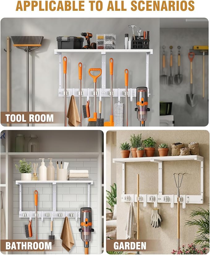 Large Broom Holder Wall Mount with Shelf, Vacuum Organizer, 5 Slots 5 Hooks | White, 3-In-1 Wall Mount Stores Brooms/Mops/Vacuum, Cleaning Supplies With 5 Grippers/5 Hooks And A Sturdy Wooden Top Shelf
