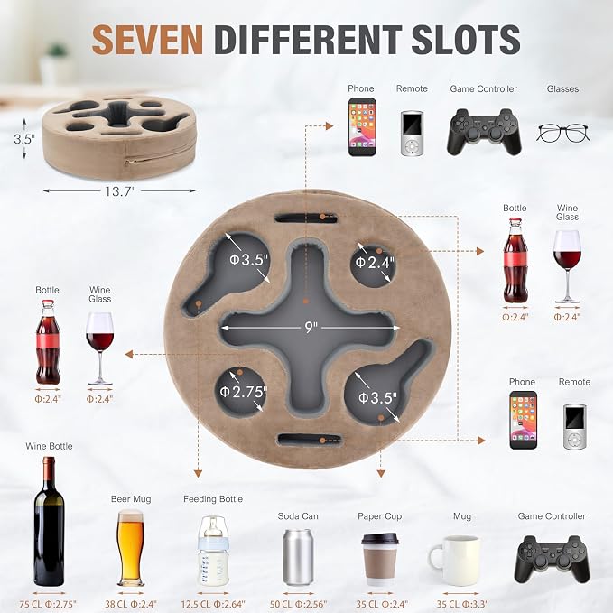 INNO STAGE Couch Cup Holder Pillow | Sofa Caddy Buddy Cupholder Organizer, for Bed Rv Tv Car Man Cave Remote Snacks Drink, Gift for Couch Potato, Light Brown