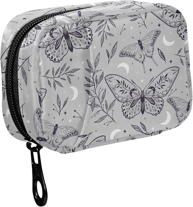 Fustylead Boho Magic Gray Space Elements Stars Butterflies Pill Organizer Travel Portable Zipper Cloth Bag for Holding Weekly Supplements Vitamins and Fish Oils