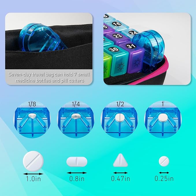 Monthly Pill Organizer, Medicine Organizer Box with Portable Hard Shell and Pill Cutter, 31 Day Pill Holder with Weekly Pill Bag (Rose red, 2 Times a Day)