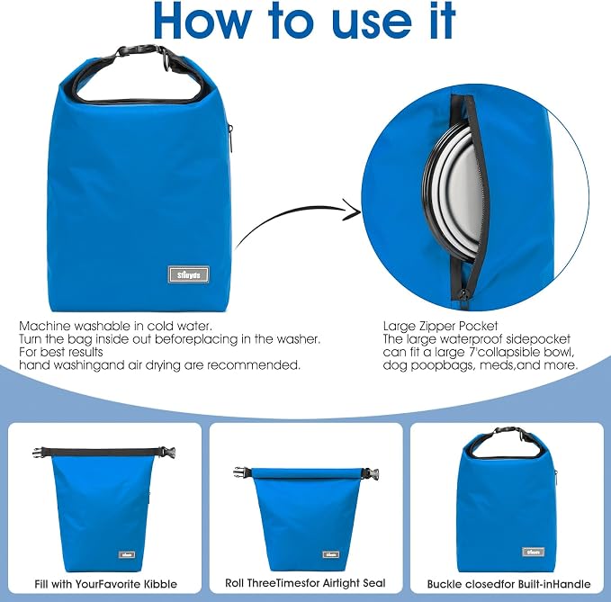 Pet Food Storage Bag Dog Storage Organizer Bag 2PCS Collapsible Dog Travel Bowls and Zipper Side Pocket for Home(Blue, Large)