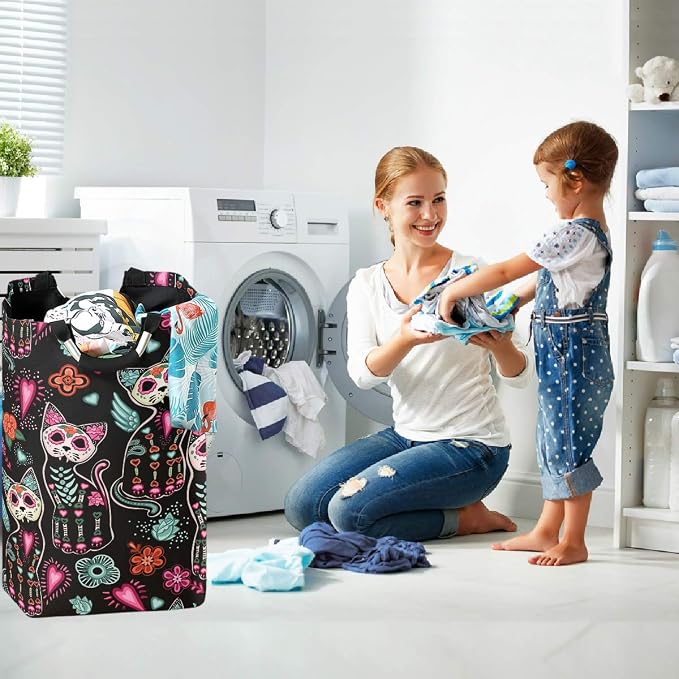 visesunny Collapsible Laundry Basket Sugar Skull Cat Flower Floral Large Laundry Hamper with Handle Toys and Clothing Organization for Bathroom, Bedroom, Home, Dorm, Travel
