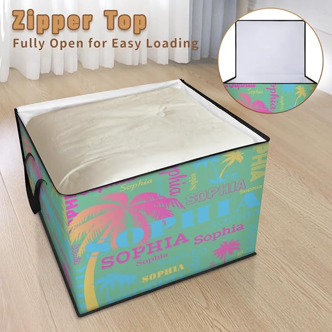 Custom Extra Large Storage Baskets Named with Lid, Personalized Storage Bins Basket Boxes Handles for Clothes Blanket Bedroom Closet Organizing Toys Shelves, Pink Blue Yellow Trees Names Mint Green