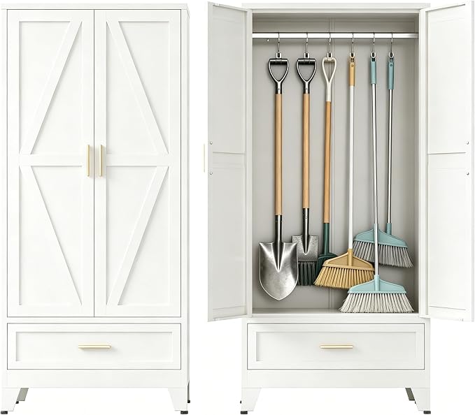 71" H White Storage Cabinet with Doors,Metal Storage Cabinets,Garage Cabinet,Broom Closet Storage Cabinet,Utility Cabinet