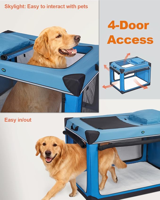 Ownpets 48 inch XXL Collapsible Dog Crate for Large Dogs, Portable Travel Dog Crate, 4-Door Foldable Pet Kennel with Durable Mesh Windows and Soft Mat, Blue | Foldable, Portable, 4-Doors, 4-Side Mesh Windows, Steel Frame Oxford Cloth, Soft Cushion Mat,...