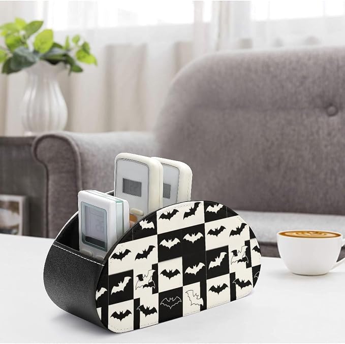TV Remote Controllers Holder Gothic Bat Halloween Bedside Table Organizer | Desktop Storage Caddy Box, Gothic Bat Halloween Horror, Pu Leather, 5 Compartments for Controller, Media Player
