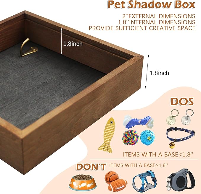 8.6'' Pet Shadow Box Memorial Gift with 1.8in Depth, Rustic Collar Holder Picture Frame Paw Print Kit Dog Cat Wooden Sculpture Pet Ashes Fur Jar Rainbow Sympathy Gift Tabletop Wall Hanging