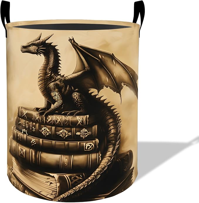 Dragon Book Laundry Basket Hamper 19.7"x15.8", Organizer Bins Gifts for Kids Boys Girls, Fantasy Dragon Foldable Waterproof Oxford Clothes Storage Bucket for Bedroom Bathroom Decor