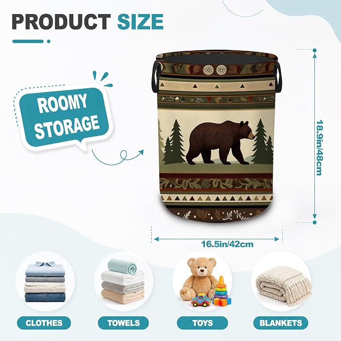 Laundry Hamper,Rustic Bear Forest Collapsible Laundry Basket with Handles,Lodge Cabin Waterproof Oxford Cloth Clothes Organizer for Bedroom Bathroom Dorm Nursery,16 x 20 Inch