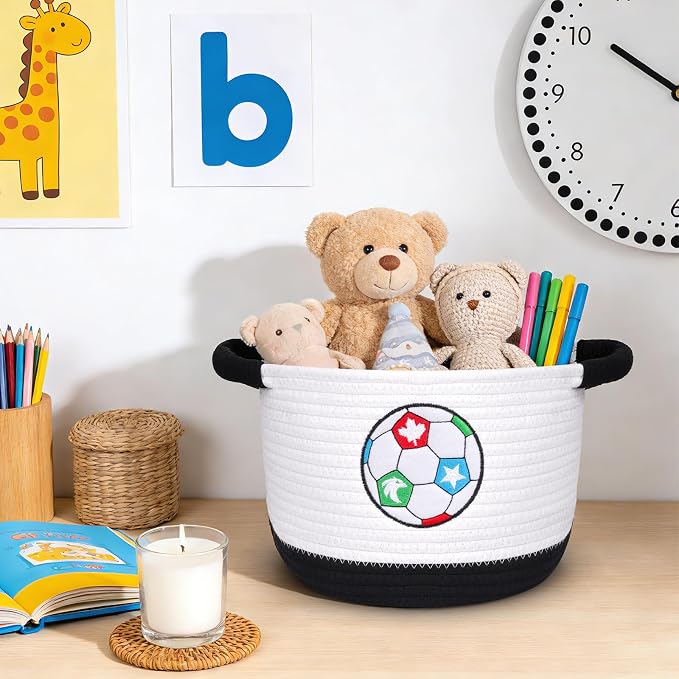 Woven Basket with Handle, 2026 World Cup Storage Basket Laundry Basket Organizer for Baby Shower, Blanket, Shelf, Cat Dog Toy Organizer, or Gifts Empty, 9"x9"x7" Baskets for Organizing