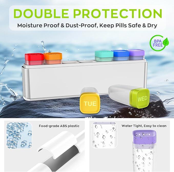 HIONXMGA Weekly Pill Organizer, Detachable 7-Color Pill Box, Easy Tracking | Portable Travel Pill Case Container for Daily Vitamin Supplement Fish Oil, Silicone-Seal, Lasting Labels, Quick Fill (White)