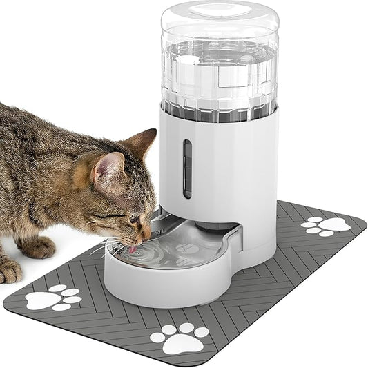 JUNSPOW Cat Water Dispenser with Placemat and Stainless Steel Bowl, Automatic Gravity Water Dispenser for Cats or Small Medium Size Dogs, Large Capacity, Easy to Clean and Safe for Pets (4L White)