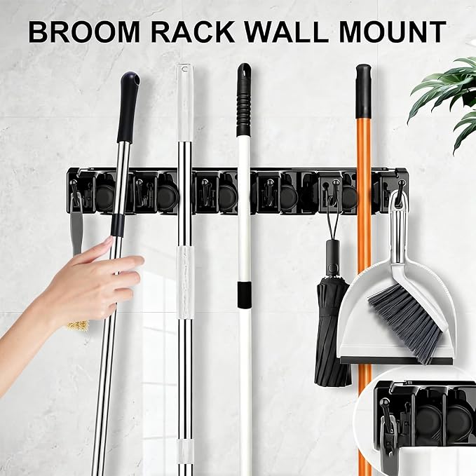Broom Holder Wall Mount with Hooks & Slots, Wall Hanger for Home | Heavy Duty Mop Holder Wall Mount for Shovel, Rake Hang | Garage, Home Storage, Kitchen, Laundry & Shed