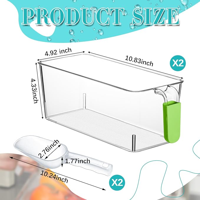 Havawish Ice Storage Bin and Flexible Scoop Set Plastic Freezer Bin | Freezer Ice Bin Scoop, Clear Bucket Container, Pull Handle, Flexible Storage, 10.83 X 4.92 X 4.33 in