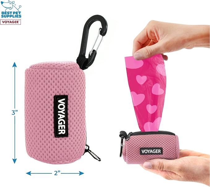 Best Pet Supplies Dog Poop Bag Holder Leash Attachment with Reusable Dispenser for Travel, Walking, Park, and Outdoor Use, Durable with Clip-On - Pink, Mesh Dispenser w/15 Bags