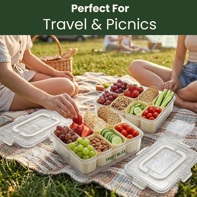 Snackle Box Container 2 Pack | Snack Box Container with Lid, BPA-Free 8-Compartment Divided Serving Tray & Snack Tray with Built-In Utensil Tray | Snack Tackle Box Organizer for Adults & Kids