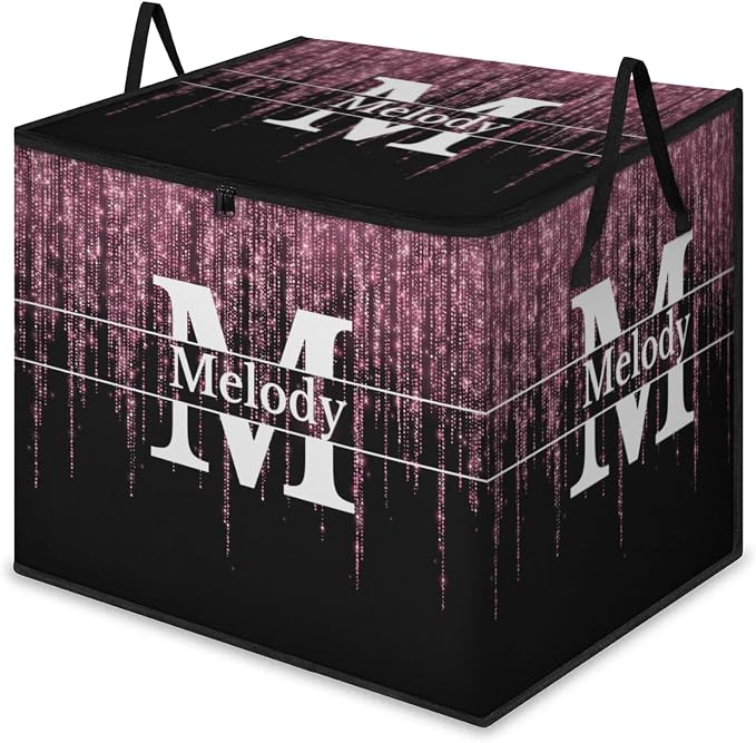 Personalized Name Large Storage Basket with Lid, Initial Letter Canvas Storage Bins Quilt Clothes Organizer for Bedroom, Nursery, Shelves, Closets, Pink Glittering Romantic with Black
