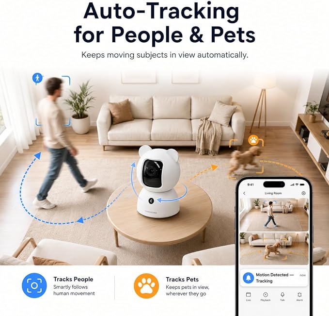 2.5K Indoor Security Camera, Non-Subscription AI Person/Pet/Cry Detection, 4MP Pet/Dog/Cat/Baby Camera, 2-Way Audio for Home Security, Siren, Night Vision, 2pack