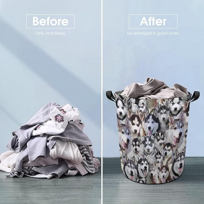 Cute Husky Dog Print Laundry Basket Foldable With Handles, Funny Husky Dog Tote Bag, Oxford Cloth Husky Dog Laundry Hamper Clothes Storage Bucket For Bathroom Laundry Bedroom