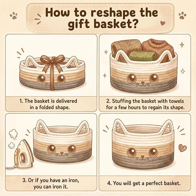 Small Round Cat Toy Basket,Cotton Rope Storage Basket for Living Room,Brown | Cute Decorative Dog Toy Basket, Toy Bin for Baby, Pet, Gift Basket for Halloween, Baby Shower , 13.4"×13.4"×5.9"