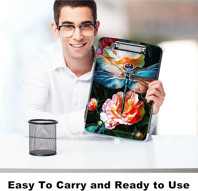 Peony Dragonfly A4 Clipboard with Storage Pen Holder, Clipboards Organizer Nursing Clipboard Foldable File Folder Plastic Clipboard Folio Clip Board for Office Students Classroom Doctor