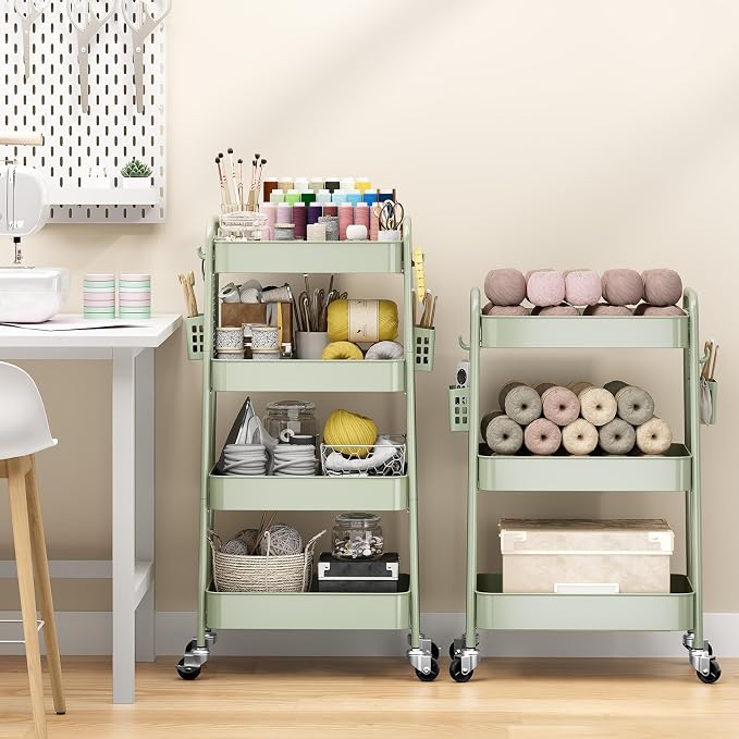 TOOLF 4 Tier Rolling Cart, Metal Utility Storage Cart with Pegboard, Green | 2 Bins & 4 Hooks, Screwless Assembly, Lockable Wheels, Trolley Organizer for Bathroom, Kitchen, Office, Dorm, Craft Room