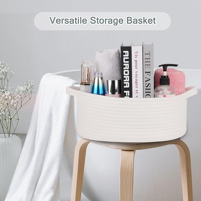 COMSE Empty Small Gift Basket with Bag & Ribbons, White | Cotton Rope, 12"x 8"x 5", Baby Toy Organizer, Stores Small Items for Bedrooms, Nurseries, Bathrooms, Living Rooms, Offices