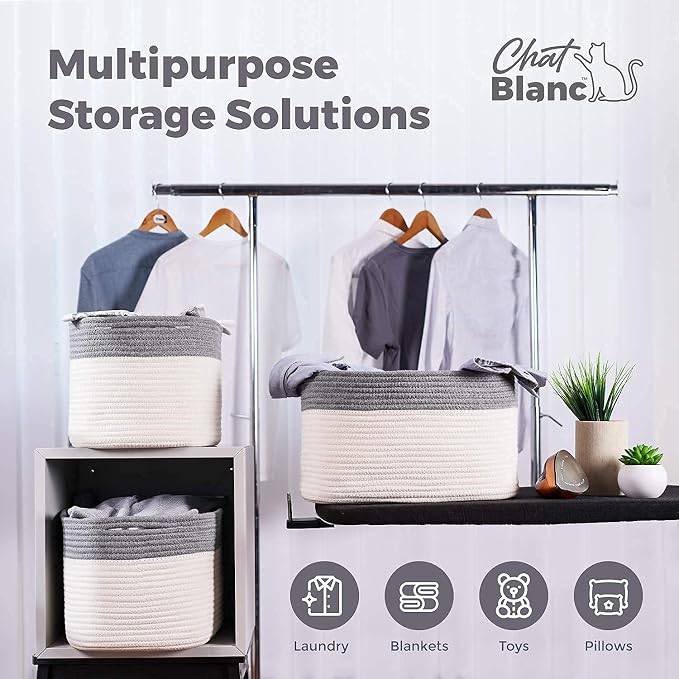 CHAT BLANC Cotton Rope Baskets for Organizing, Shelves, Toys, Storage, Shoe, Bathroom, Laundry, Towel, Nursery, Home Decor, Blanket, Cloth Woven Bins Fabric (Dark Gray & Creamy White7, 15"x10"x9")