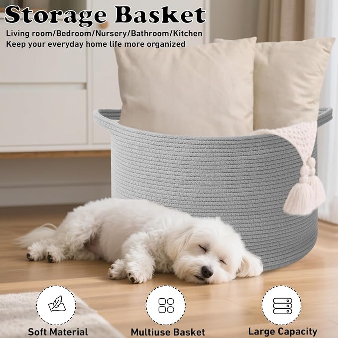 65L Large Blanket Basket,Woven Rope Laundry Basket-Light Gry | Collapsible, reinforced handles, nursery storage bin organizes clothes, toys and pillows for living room, bedroom bathroom