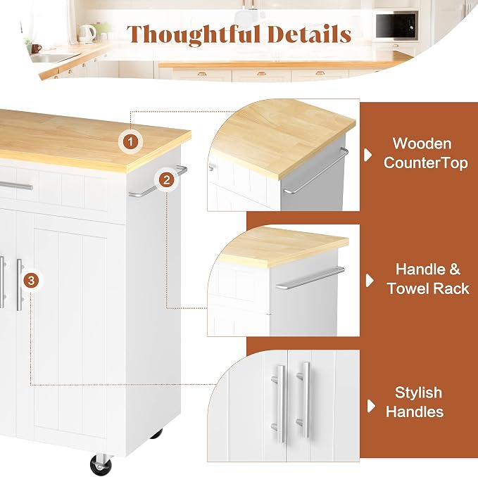 JY QAQA 26" Rolling Kitchen Island Cart on Wheels, Mobile Storage Cabinet with Drawer & Inner Shelves, Kitchen Prep Cart with Towel Rack, Portable Kitchen Island for Dining Room Apartment, White
