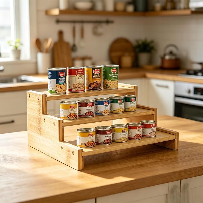 Natural Bamboo Can Organizer for Pantry, 3-Tier Countertop Storage Rack for Canned Food, Soda, Soup and Pet Food, Tiered Cabinet Shelf Display