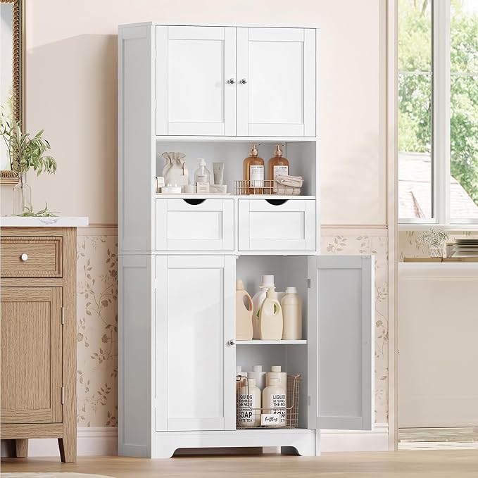 TEENFON 57.8" H Tall Bathroom Storage Cabinet with 4 Doors & 2 Adjustable Shelves, Freestanding Bathroom Cabinet with 2 Drawers, Kitchen Cabinets & Pantry, Cupboard for Kitchen, Dining Room, White