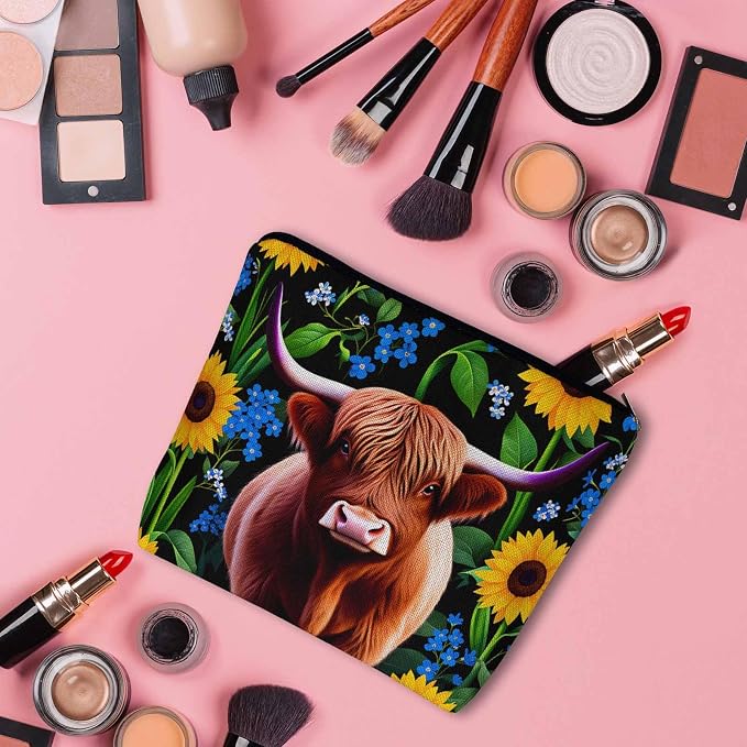Makeup Bag For Purse Highland Cow, Hairy Cow Highland Cattle Sunflowers Yellow Cosmetic Bags For Women Travel Toiletry Pouch Makeup Bags Makeup Organizers Purse For Toiletries Cosmetics