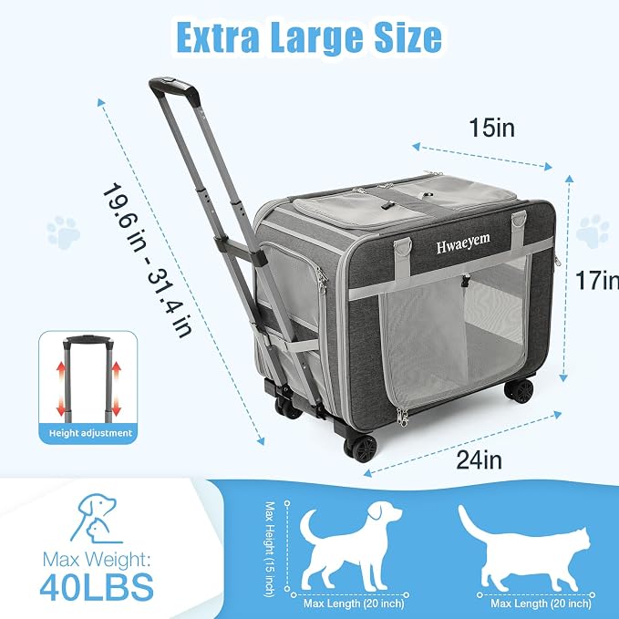 Rolling Extra Large Pet Cat Carrier with Wheels, Breathable Pet Carrier for 2 Cats or Medium Dog, 24" X 15" X 17" Dog Carriers for Small Dogs with Zipper Locks, Ideal for Travel & Vet Visits