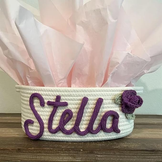 Personalized Cute Small Woven Basket with Handles, Custom Cotton Rope Room Shelf Storage Basket, Empty Decorative Gift Basket, Decorative Round Bin for Nursery Bedroom Bathroom (Style B)