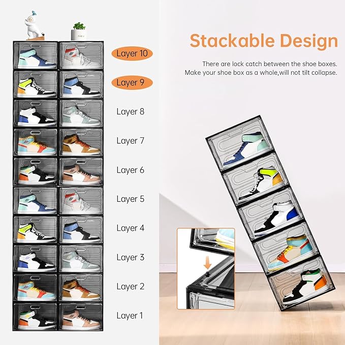 8 Pack Drop Side Shoe Boxes, Large Stackable Shoe Storage, Thick Plastic | Sneaker Storage with Magnetic Door, Shoe Organizer for Closet, Sturdy Shoe Containers, Sneaker display Case Fit up to Size 13
